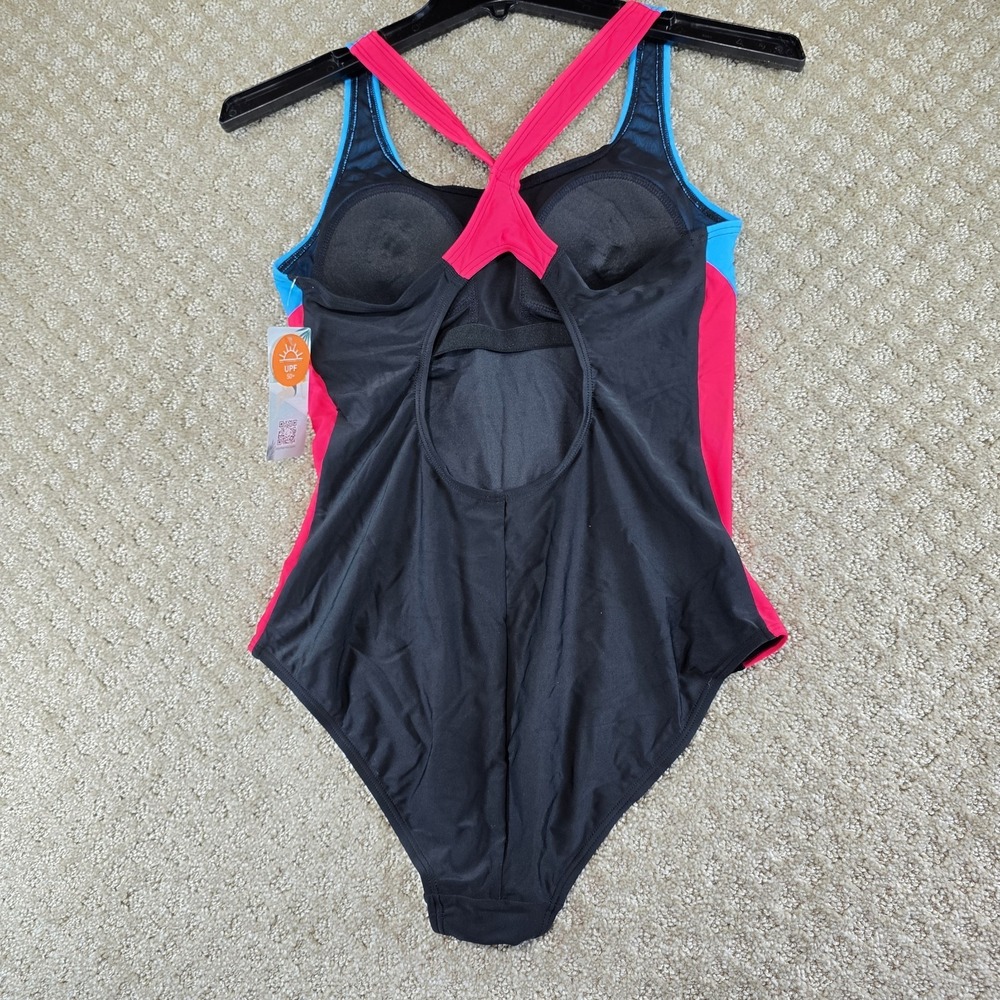 NWT Women's One Piece Swimsuit Medium Black Pink Blue Racerback UPF 50+ - Picture 2 of 9